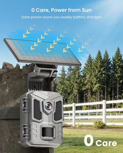 Misstech 4K UHD Solar Trail Camera, Outdoor Wildlife Cameras for Yard Monitoring, 0.1s Fast Motion-Activated to Record, 64MP/4K Clear Night Vision, No Monthly Fee, App Control, IP66, Local Storage