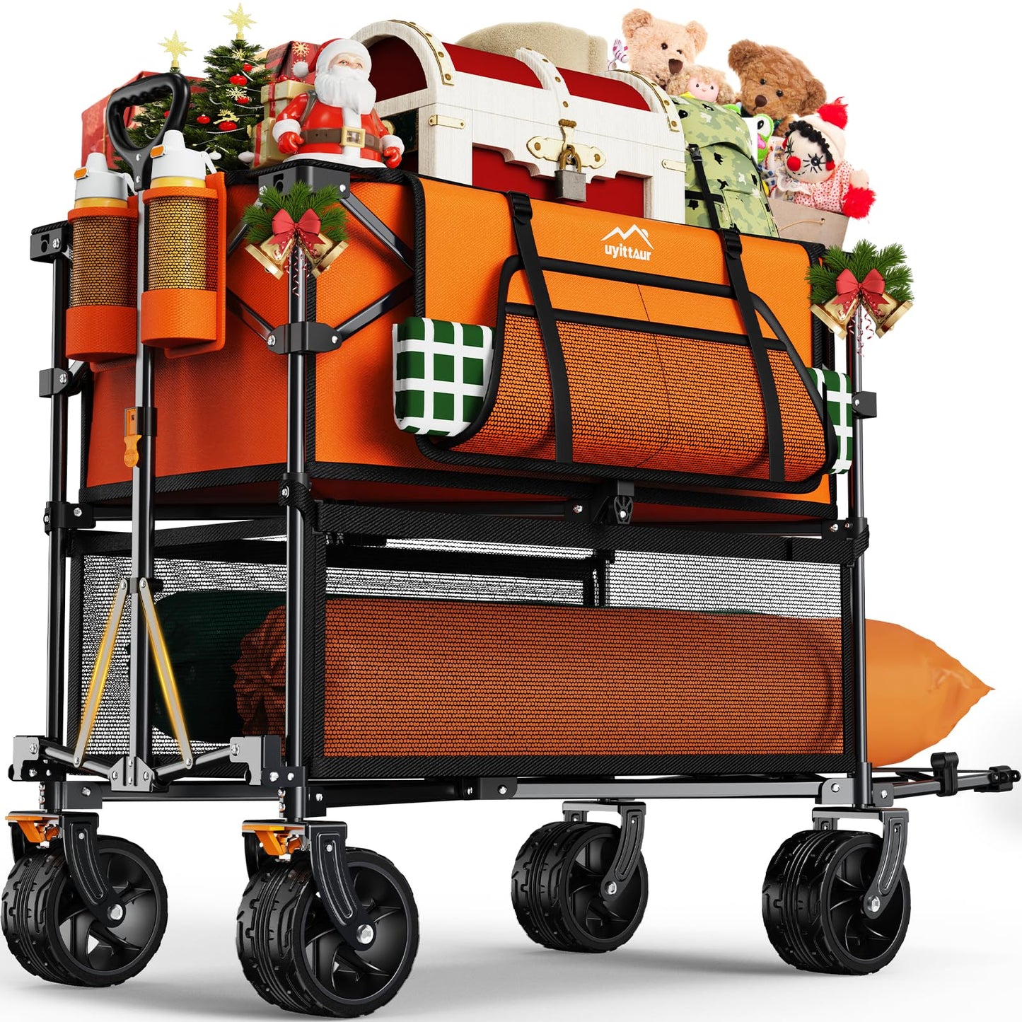 Uyittour Foldable 50''L Extra Long Double Decker Wagon for Sport, 400L Collapsible Heavy Duty Wagon Cart with Big Wheels, Utility All-Terrain Large Extender Cart for Outdoors, Orange