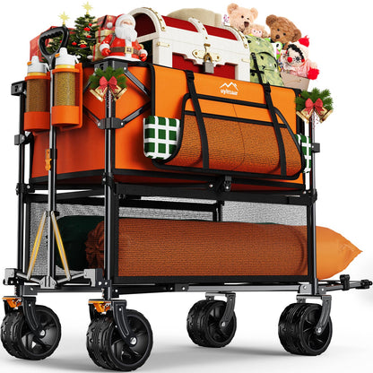 Uyittour Foldable 50''L Extra Long Double Decker Wagon for Sport, 400L Collapsible Heavy Duty Wagon Cart with Big Wheels, Utility All-Terrain Large Extender Cart for Outdoors, Orange