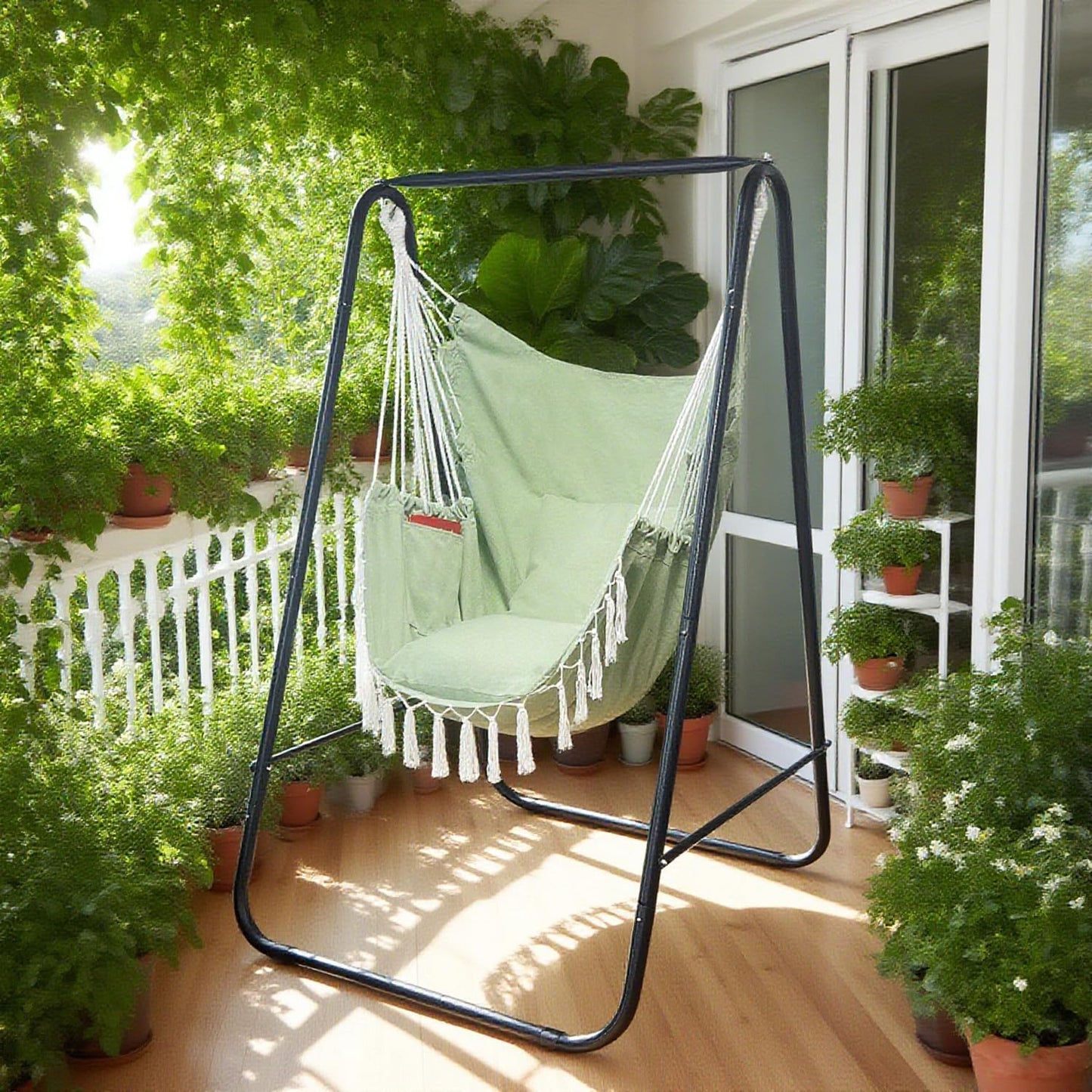 PIRNY Hammock Chair with Stand,Heavy-Duty Hammock Stand with Large Indoor Swing,MAX Load 500 LBS,Hanging Chair with Stand for Indoor Outdoor,Swing Chair with 2 Cushions Included(Green)