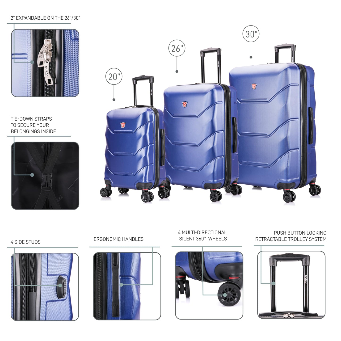 DUKAP ZONIX Luggage with Spinner Wheels | Durable Lightweight Hardshell Suitcase, Spacious Travel Sets with Handle and Trolley | (20/26/30) 3 Piece Luggage Set | Blue