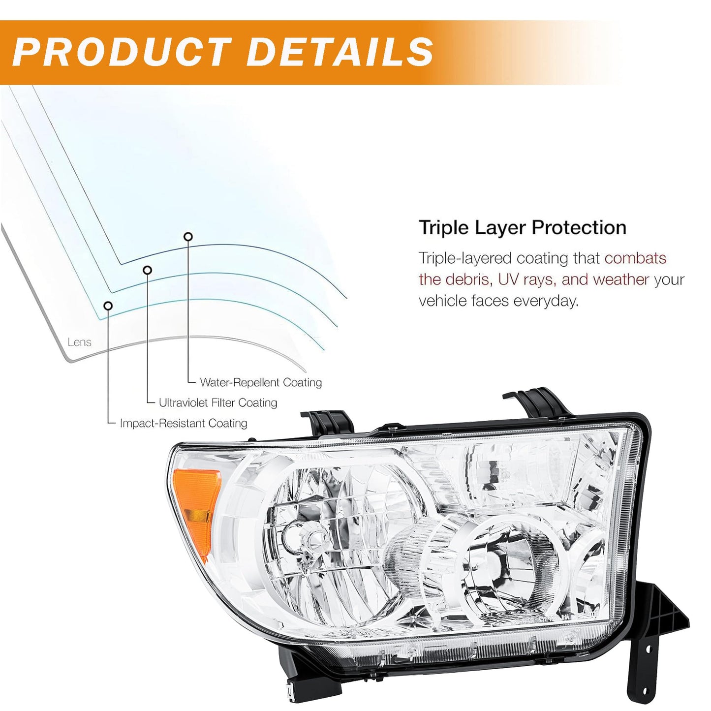 Headlights Assembly compatible with 2007-2013 Toyota Tundra with Level Adjuster, for 2008-2017 Toyota Sequoia Headlamp (12-14 Models Without Headlight Washer)