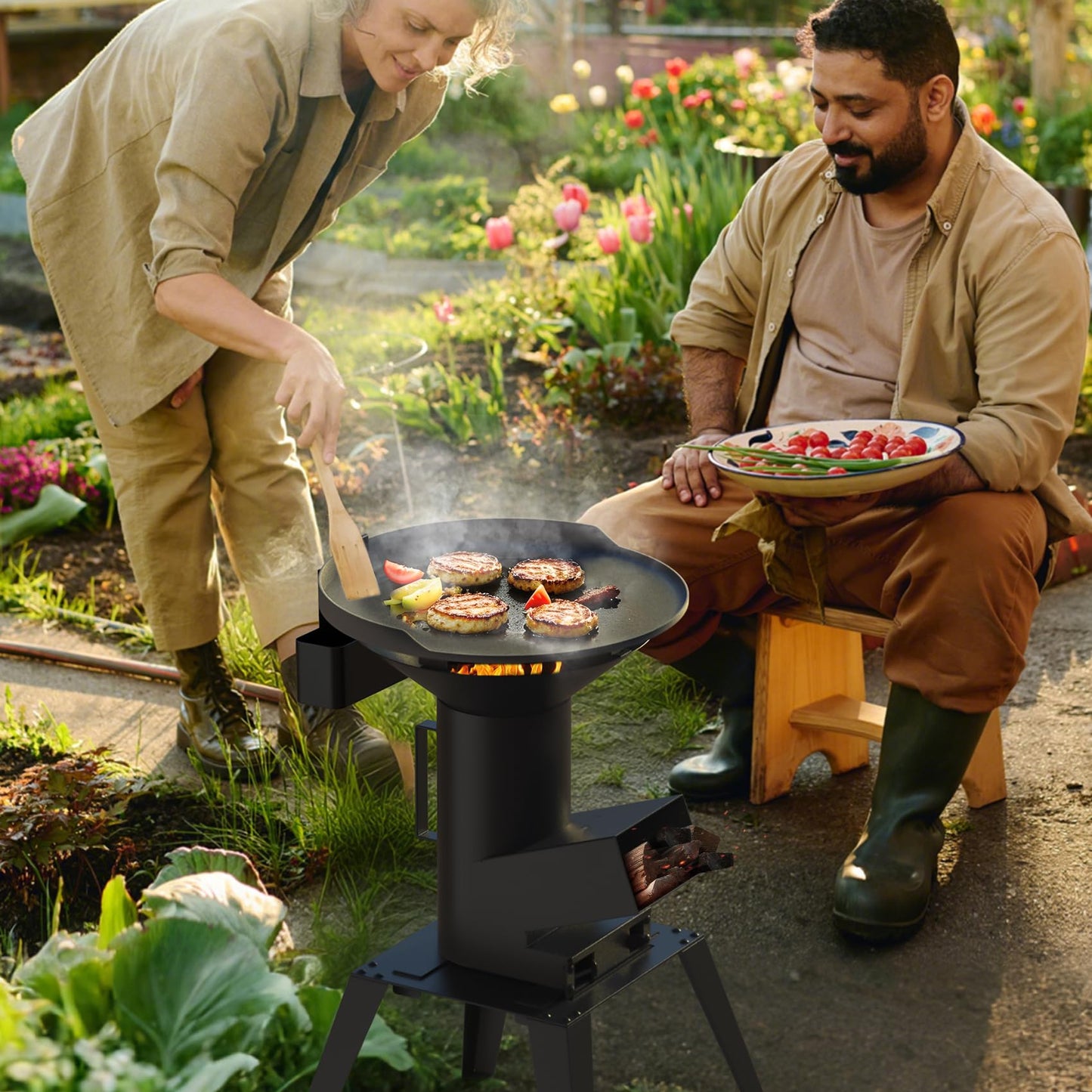 ONLYFIRE GRILLS 3-in-1 Camp Rocket Stove Kit with BBQ Grate, Griddle, Pot Rack, Portable Wood Burning Stove with Detachable Stand, Camping Gear for Outdoor Cooking Patio Barbecue RV Tailgating, GS345