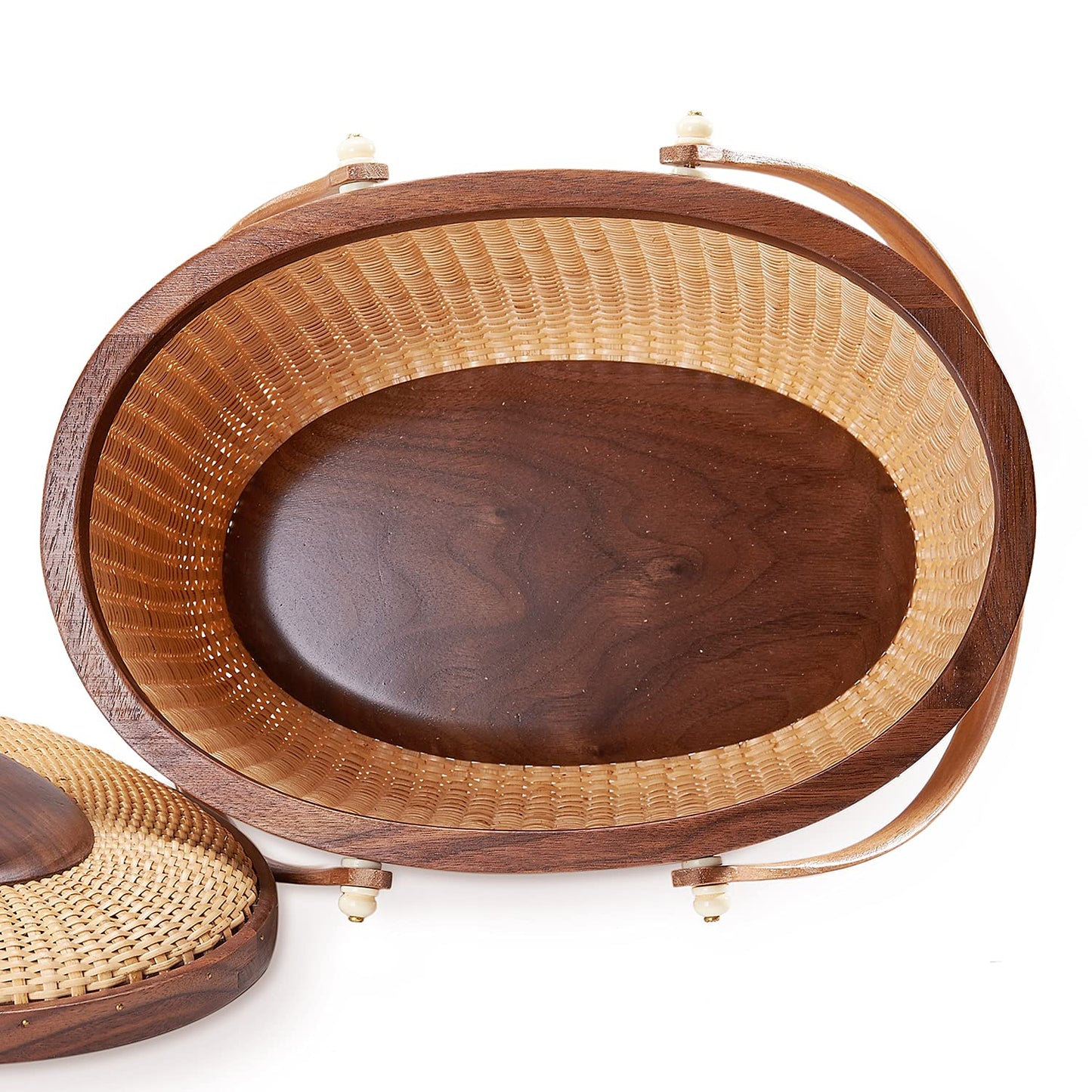 Teng Jin Nantucket Sewing Basket Purse, Containers with Dual Wood Handles .Cane-on-cane weave basket craft basket, with lid with handle