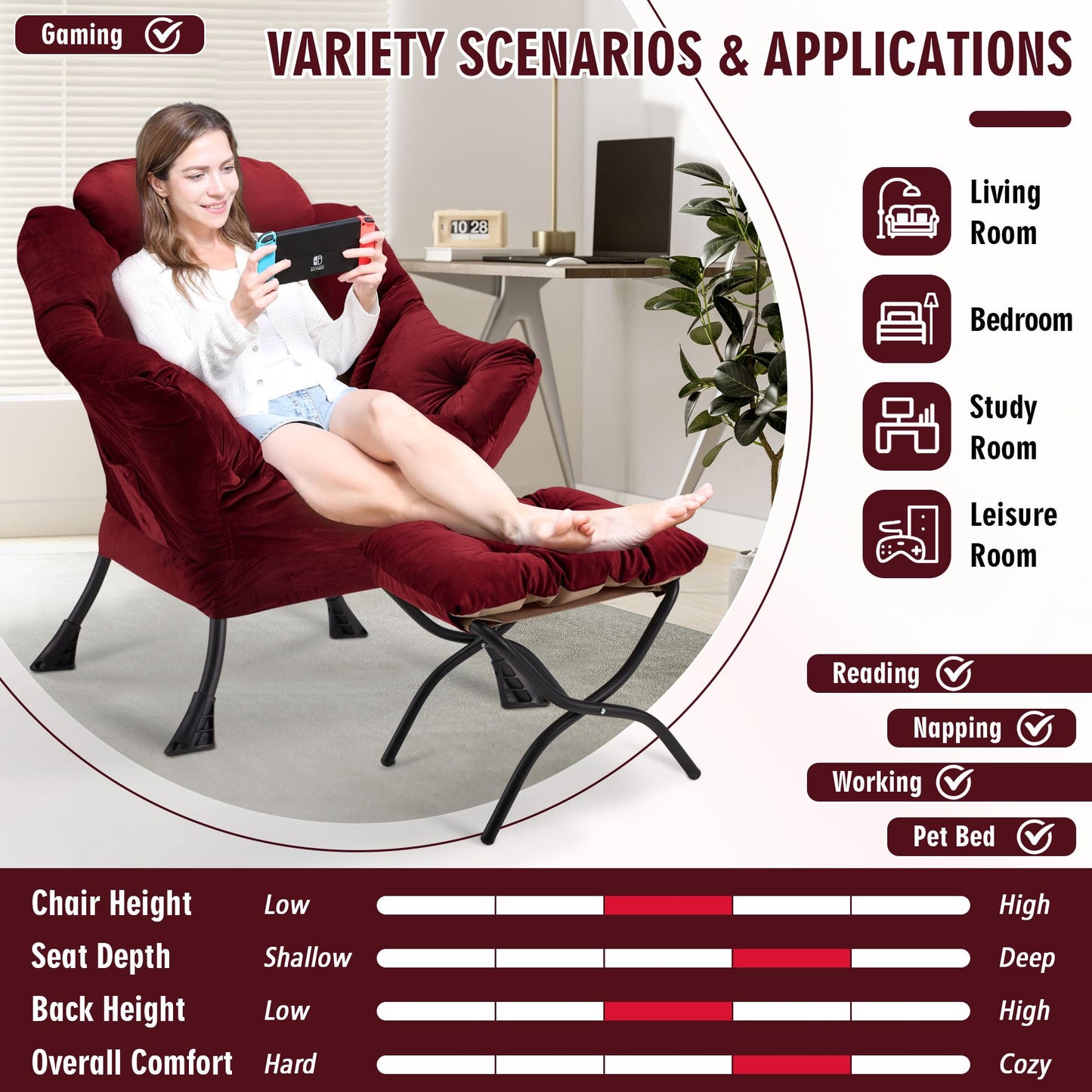 Avocahom Accent Lazy Chair with Ottoman,Leisure Sofa Armchair with Footrest,Oversized Reading Chair for Bedroom,Dorm Room,Living Room,Courtyard,Office,Dusty Rose
