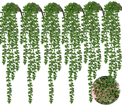 RECUTMS 6pcs Artificial Succulents Hanging Plants Fake Hanging String of Pearls Plant Faux Greenery Wall Plants for Spring Indoor Outdoor Home Bedroom Patio Garden Easter Decor