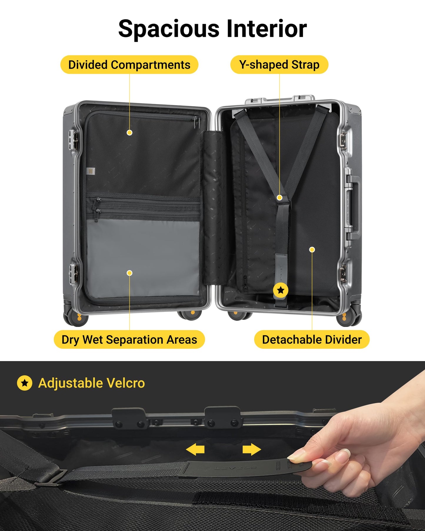 LEVEL8 Zipperless Checked Luggage with Aluminum Frame, Upgraded Medium Hardside Suitcase with Spinner Wheels, Metal Travel Luggage with Double Tsa Locks, 24 Inch, Grey