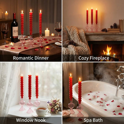 Treela 6 Pcs Valentine's Day Decor Heart Taper Candle Gift Sets 3 Red Unscented Taper Candles 3 Glass Heart Candlestick Holders Valentine Gifts for Wedding Anniversary Bachelorette Party Supplies