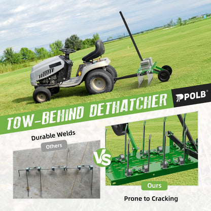 PPOLB 40" Tow-Behind Dethatcher with 20 Spring Steel Tines, Pull Behind Lawn Tractor Mower Grass Rake for Yard, Garden, and Farm Care – Removes Thatch, Leaves, and Pine Needles-Green