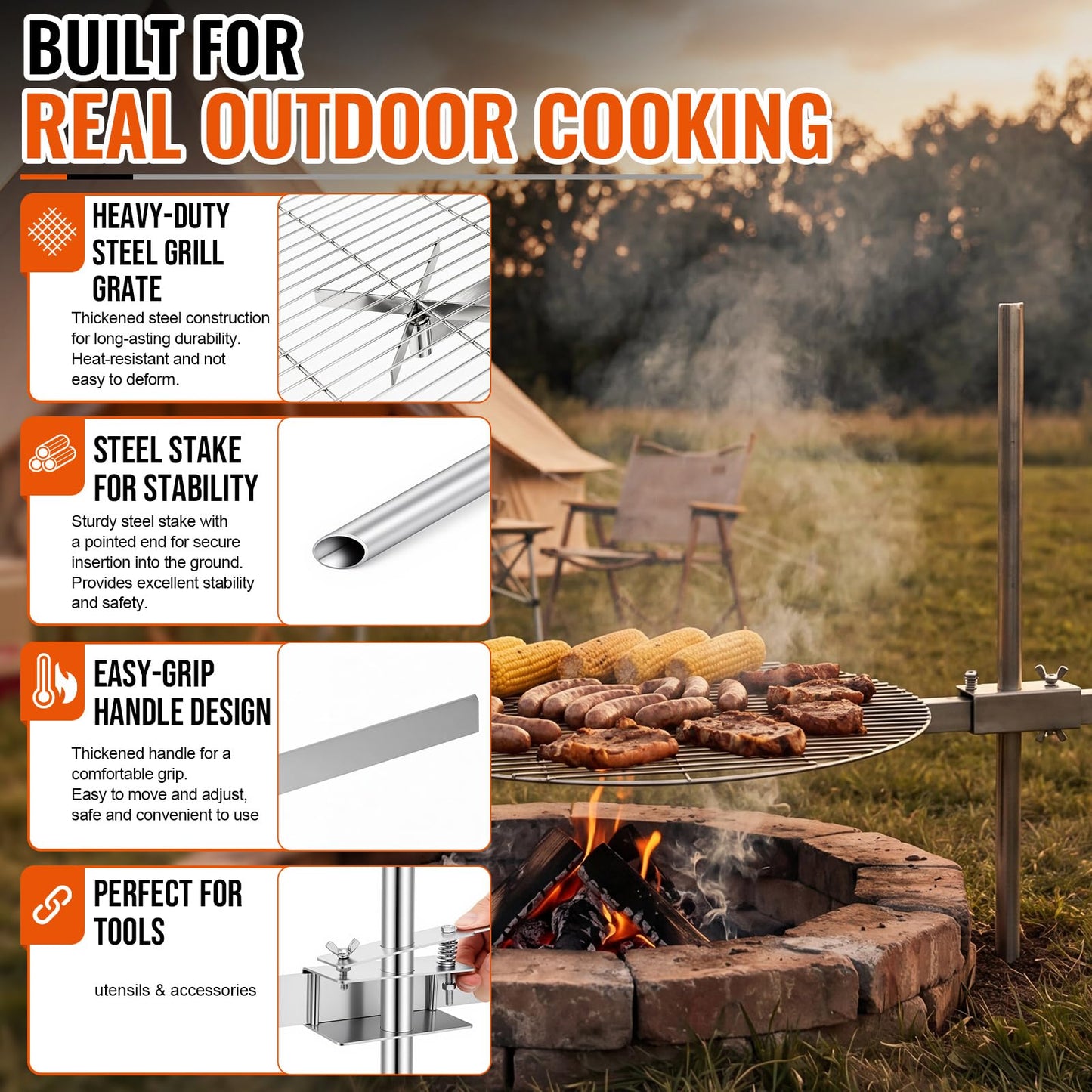 Ferrochef 24" Fire Pit Campfire Grill Grate, 24" Foldable Open Fire Cooking Grill Grate Portable Stainless Steel Camping Cooking Barbecue Rack Heavy-duty, Easy Setup & Adjustable Height for Outdoor