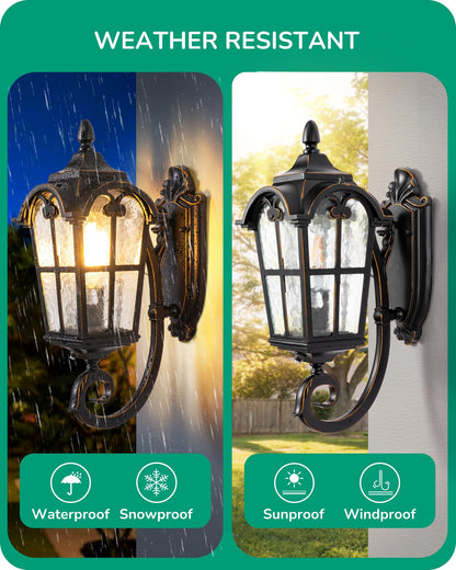 EDISHINE Dusk to Dawn Outdoor Wall Light Fixture, 17in Black Roman Lantern, Waterproof with Water Ripple Glass, Model HOWL06G