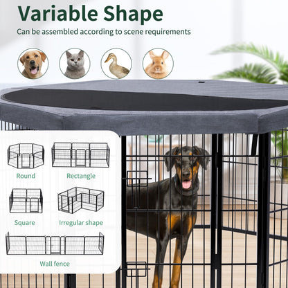 PETIME Dog Playpen,Metal Exercise Puppy Pen Heavy Duty Kennels Yard Fence Indoor/Outdoor 27" W x 32" H 8 Panels Dog Cage with Octagon Top Cover