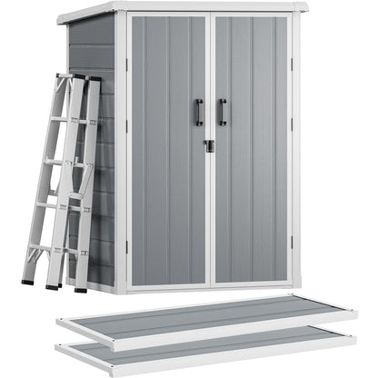 DWVO 5X3FT Outdoor Vertical Storage Shed with 2 Shelves, 60 Cu Ft Waterproof Resin Garden Shed with Floor & Lockable Door, Plastic Tall Tool Cabinet for Garbage Can, Lawn Garden Supplies, Gray