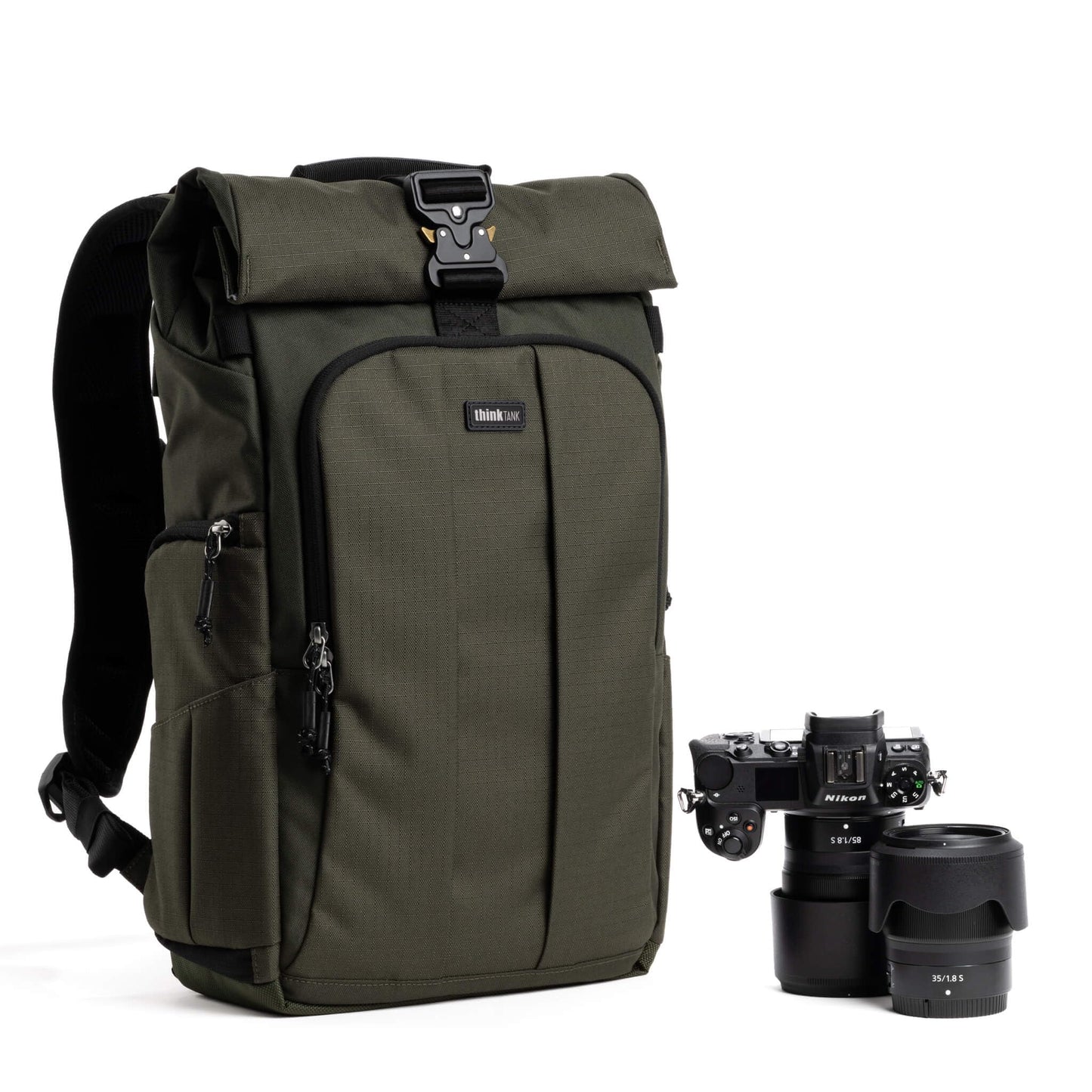 Think Tank FocusPoint 22L RollTop Camera Backpack - Greenway: Expandable Travel & Camera Backpack with Laptop Sleeve, Quick Side and Back Access, Rain Cover – Versatile Photography & Travel Bag