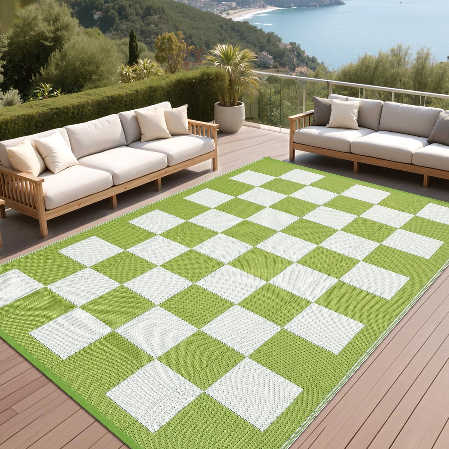 Garvee Outdoor Plastic Straw Rug 9x18 Waterproof UV Resistant Patio Camping Rug Modern Checkered Large Foldable Floor Mat for Camping, Picnic, Backyard, RV, Beach, Picnic, Deck, Green/White