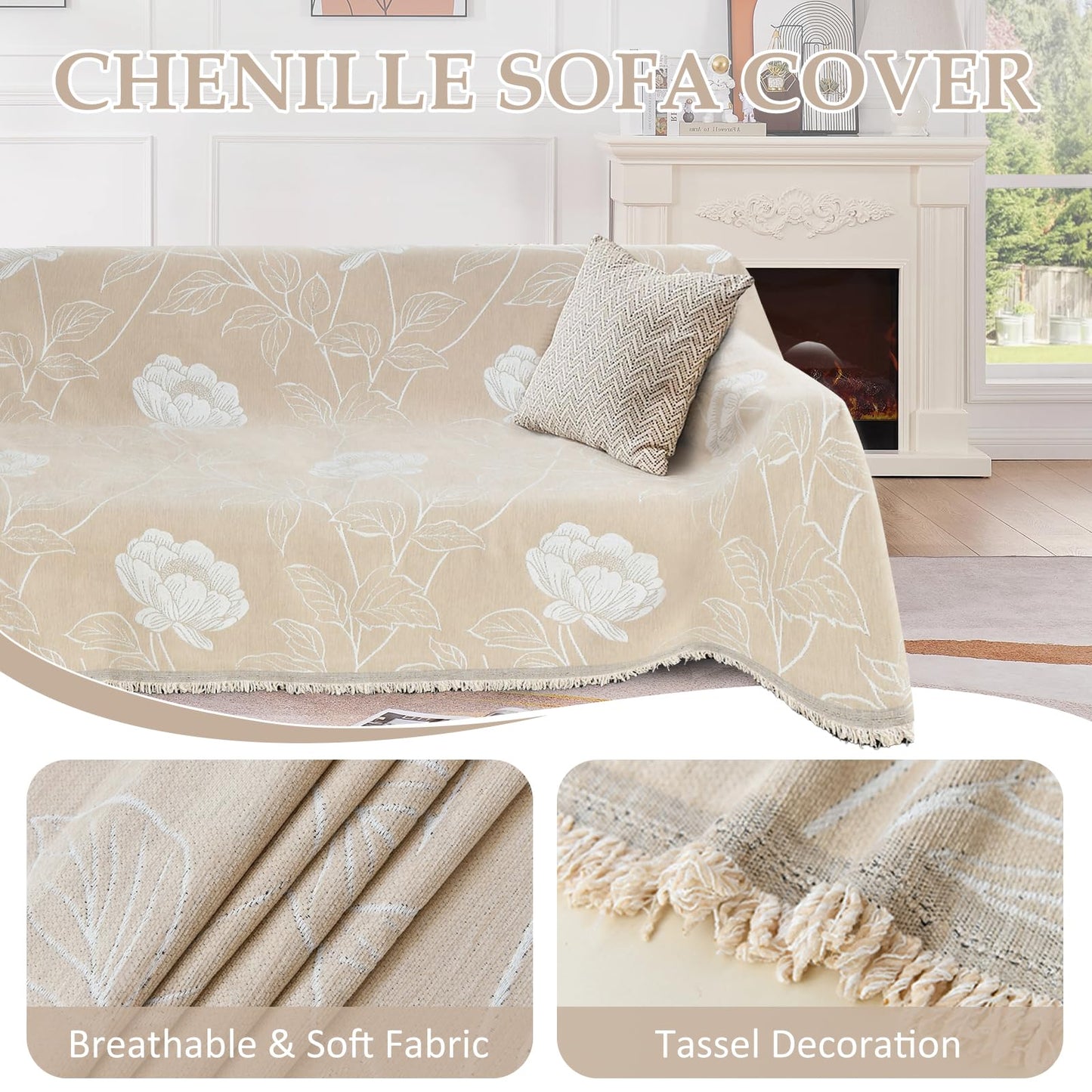 SYJOVIA 1OO% Waterproof Sectional Couch Covers for Dogs L Shaped Corner Sofa Cover Washable Chenille Sofa Slipcovers Blanket Modern Jacquard Pet Furniture Protector (91"x276", Beige Flower)