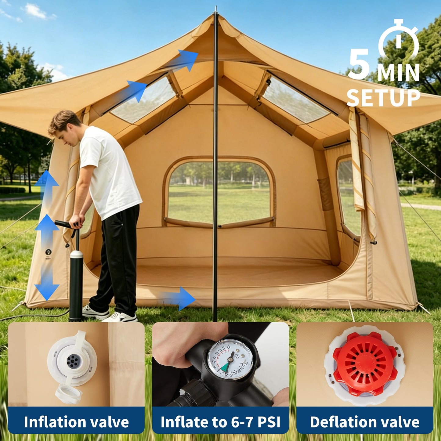 Inflatable Camping Tent for 3-5 Person, Quick Setup Blow Up Tent with Canopy, Waterproof 4 Season Air Glamping Tent with Skylight, Mesh Windows & Stove Jack, for Camping, Beach, Outdoor