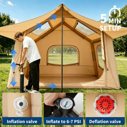 Inflatable Camping Tent for 3-5 Person, Quick Setup Blow Up Tent with Canopy, Waterproof 4 Season Air Glamping Tent with Skylight, Mesh Windows & Stove Jack, for Camping, Beach, Outdoor
