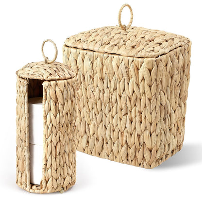 Wicker Waste Basket - Handwoven Water Hyacinth Trash Can with Lid | 2.5 Gal Rustic Decor for Home