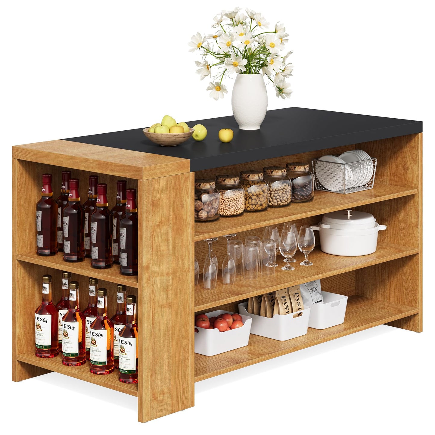 Little Tree 55 Inches Kitchen Island, 4-Tier Kitchen Storage Cabinet with Large Worktop & Leg Room, Modern Wooden Kitchen Stationary Island for Dining Room, Coffee Bar Cabinet for Living Room, Oak