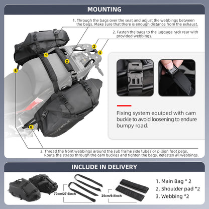 Rhinowalk Motorcycle Saddle Bags Waterproof Motorbike Panniers Tail Side Bag Motor Powersports Luggage for Most Motorcycles Adventure Travel Long Rides, 18L (9L*2), Black 1 Pair