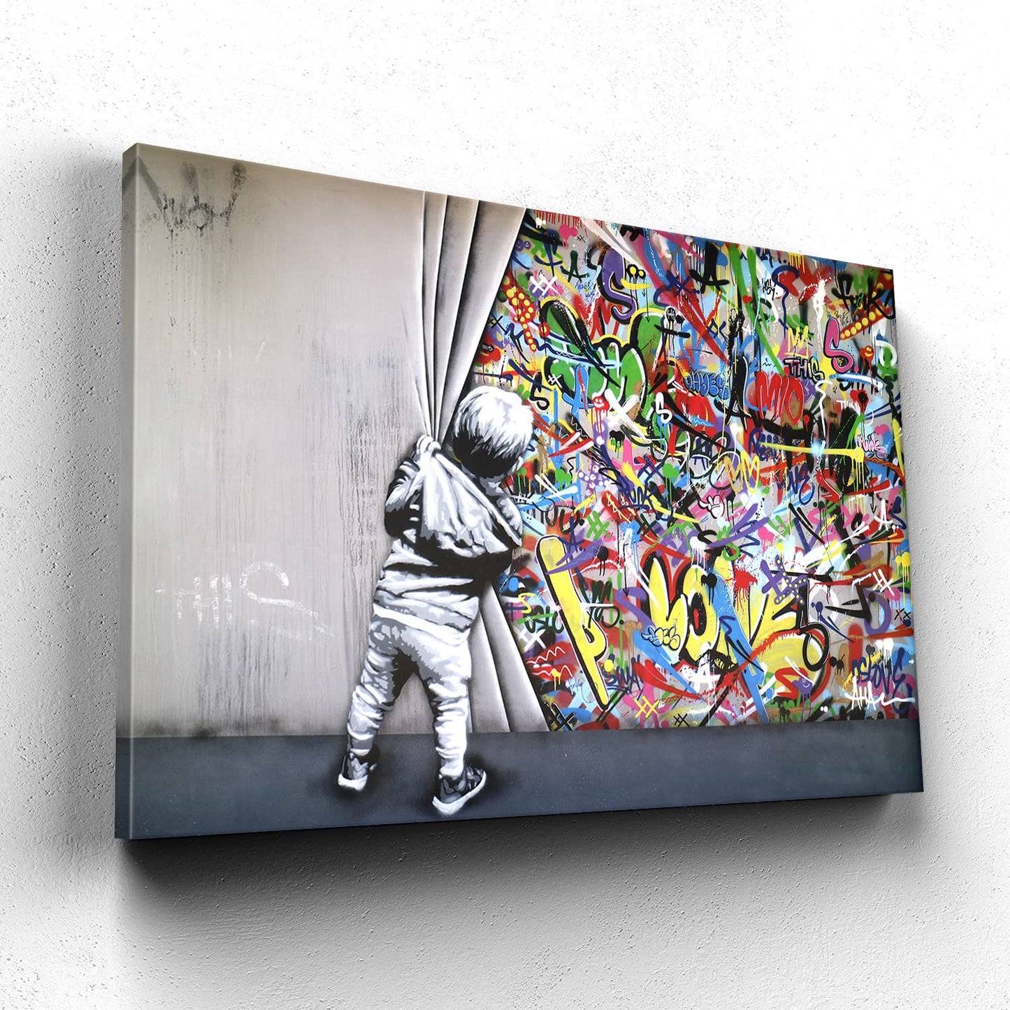 Banksy Wall Art Graffiti Canvas - 16x24 Inches Built-in Wooden Frame, Lightweight & Ready to Hang, Banksy Behind the Curtain Canvas Wall Art Street Prints for Office, Bedroom, Modern Home Decor