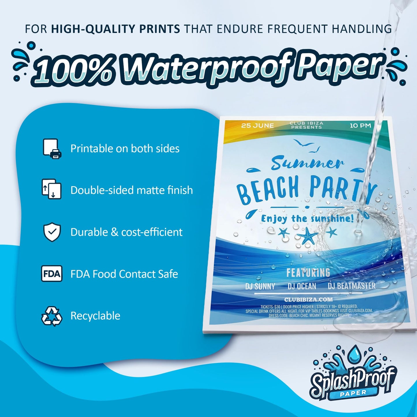 SplashProof Printer Paper - 8.5" x 11", 8 Mil Waterproof Paper, Laser Printer & Copy Machine Compatible (Letter - 8.5" x 11", 1,000 Sheets)