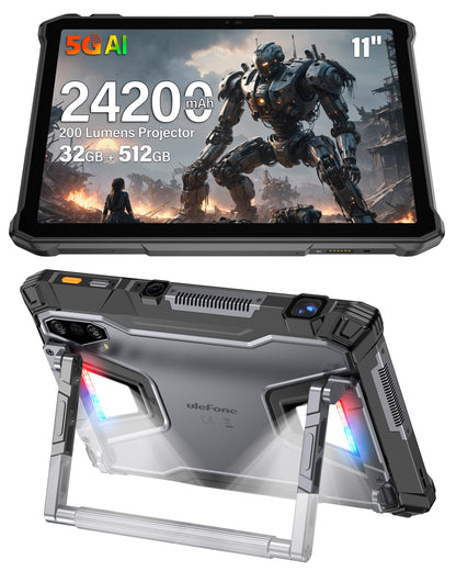Ulefone Armor Pad 5 Ultra 5G Rugged Tablet with 200 Lumens Projector, 32GB+512GB/2TB Expansion Android 15, 24200mAh(120W), 11" FHD+ Screen, IP68/69K, 64MP+64MP, 32MP, Dual LED Lights, Widevine L1