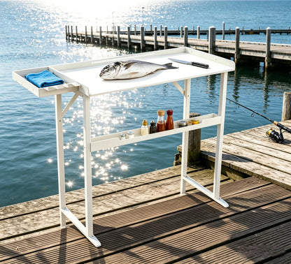 YeeJinHong Heavy-Duty Dock-Mounted Fish Fillet Table, Fish Cleaning Table with HDPE Cutting Board, Measure Mark, Storage Box, Knife Grooves