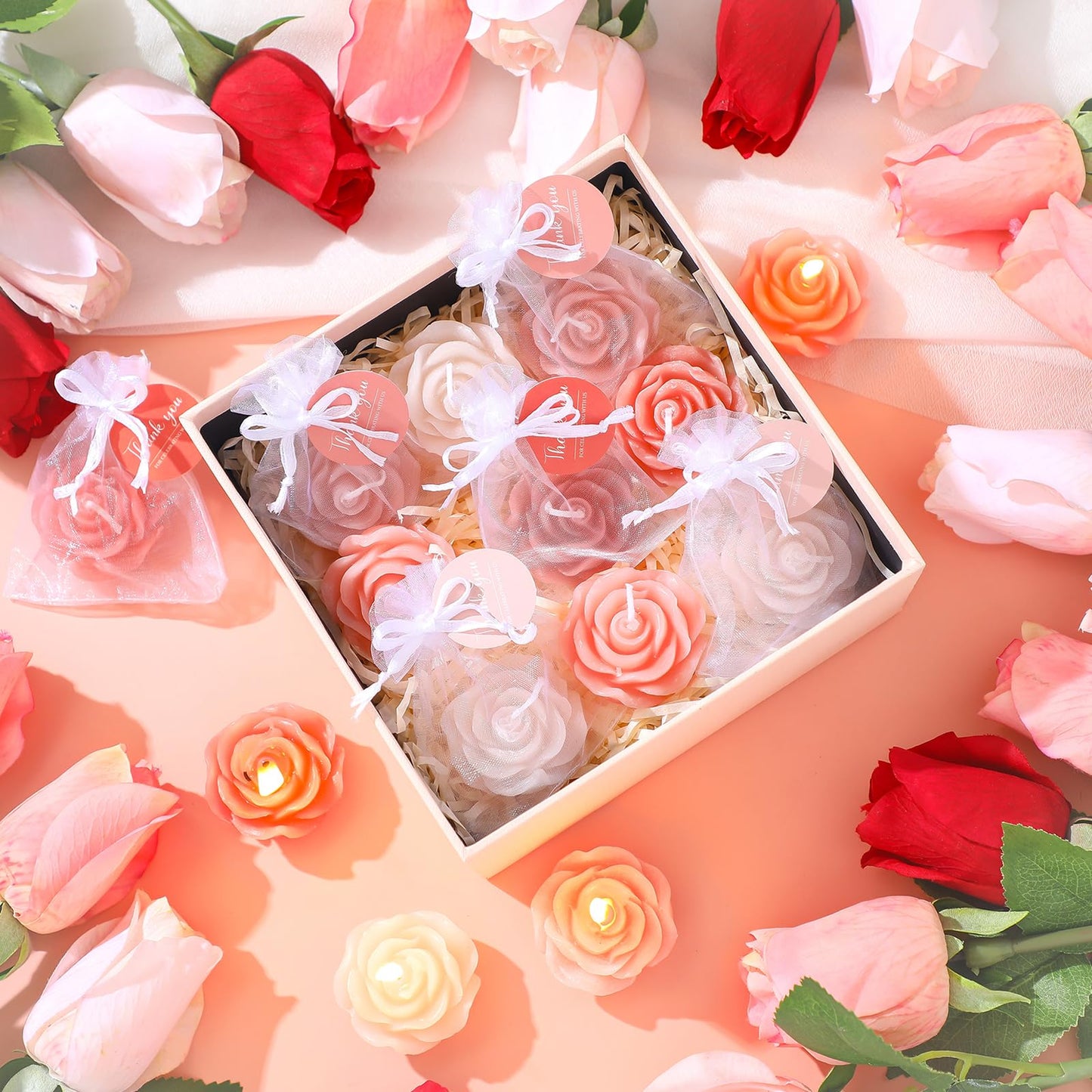 Treela 24 Set Flower Candles Wedding Favor for Guests Mini Pink Champagne Rose Shaped Tealight Candles for Return Gift Wedding Birthday Bridal Shower Housewarming Party