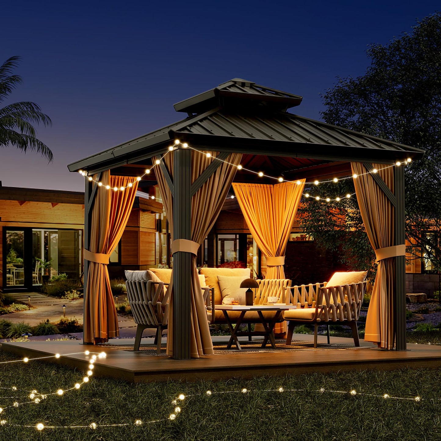 GarveeHome Outdoor Gazebos Canopy 10 x 10 ft Permanent with High Strength Aluminum Frame, Iron Double-Roof, Pavilion with Curtain and Netting for Patio, Lawn, Deck, Garden