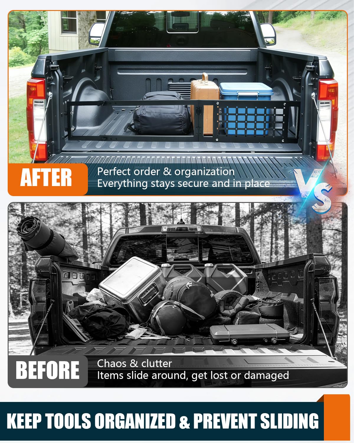 NORTHYUN Adjustable Truck Bed Divider 47–67 in, Foldable Aluminum Cargo Organizer with MOLLE Panel No-Drill Installation Fits Most Pickup Beds
