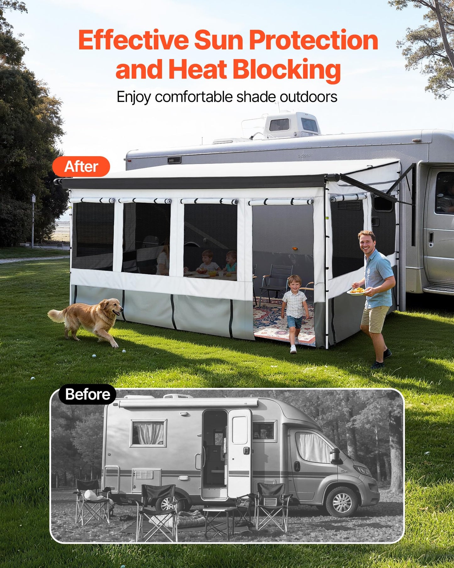 VEVOR RV Awning Sun Shade Room - Compatible with 16-17 ft Awnings, RV Awning Sun Shading Room with Door & Ventilated Mesh Windows, Sunproof & Windproof Three-Sided Enclosure Tent for RV Camping