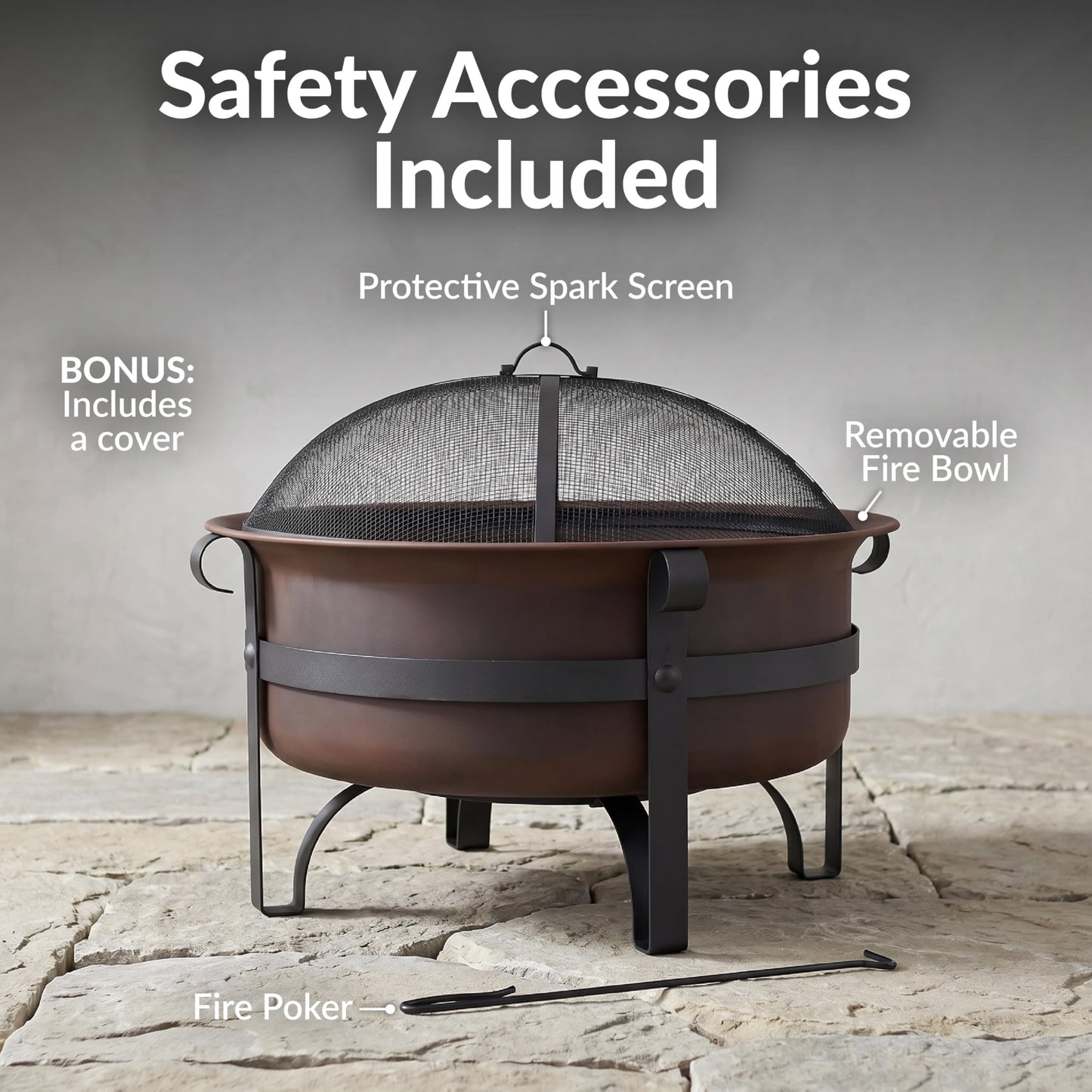 Sunnydaze Cauldron Wood-Burning Outdoor Fire Pit for Patio and Backyard - Round Steel Outside Firepit Bowl with Cover, Removable Ash Pan, Spark Screen, and Poker Tool - Dark Bronze - 29"