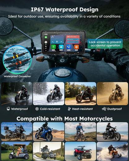 Carpuride Motorcycle Carplay with Type-C Port & TPMS, 6.25" Wireless Car Play & Android Auto GPS Navigation Moto Screen with Wired Controller, IP67 Waterproof, OTA, Dual Bluetooth, Intercom,Play Music