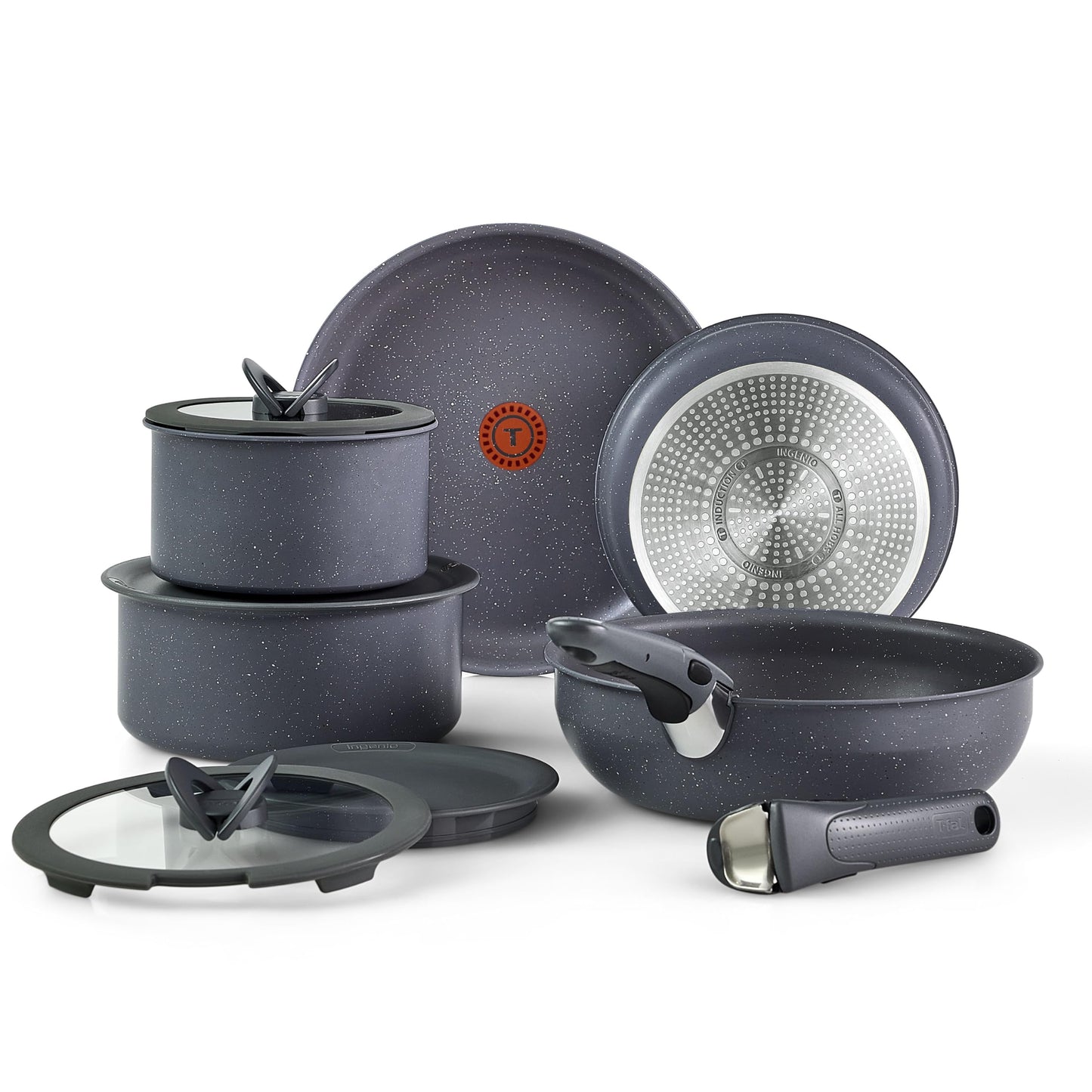 T-fal Ingenio Essentials Cookware Set with Detachable/Removable Handle 11 Piece, Granite Titanium Non Stick, Induction, Oven Broiler Safe 500F, Stackable, Pots and Pans Set, RV Camping, Fry Pans Gray