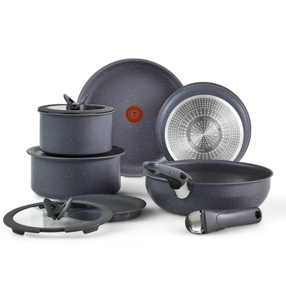 T-fal Ingenio Essentials Cookware Set with Detachable/Removable Handle 11 Piece, Granite Titanium Non Stick, Induction, Oven Broiler Safe 500F, Stackable, Pots and Pans Set, RV Camping, Fry Pans Gray