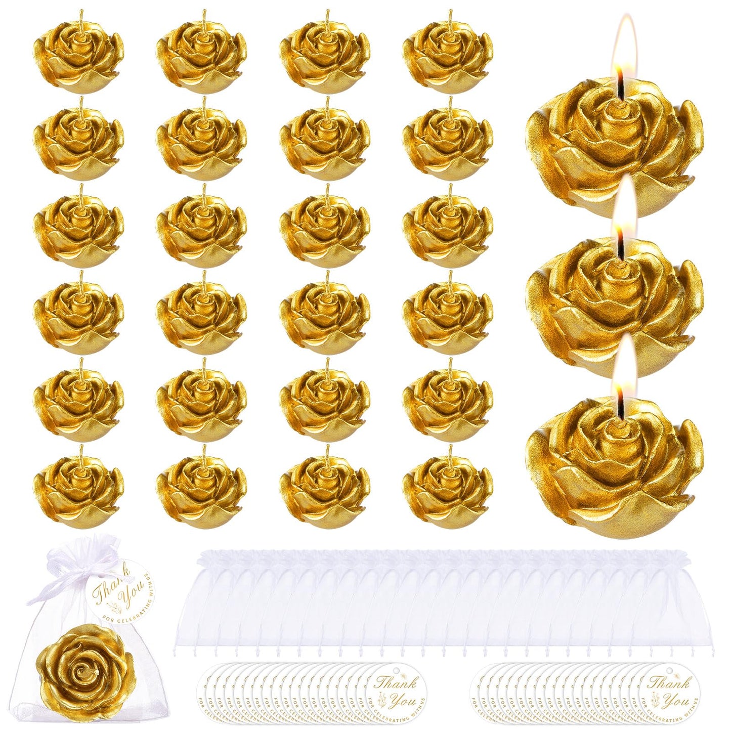 Treela 24 Set Flower Candles Wedding Favor for Guests Mini Gold Rose Shaped Tealight Candles for Return Gift Wedding Birthday Bridal Shower Housewarming Party
