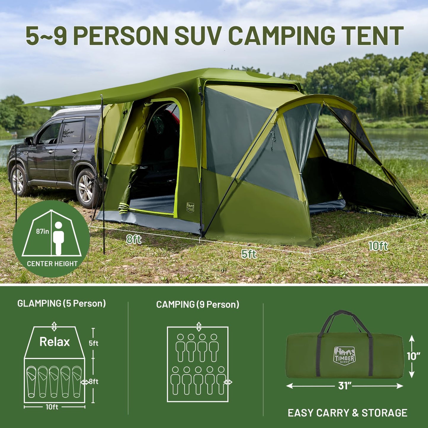 TIMBER RIDGE 5-9 Person SUV Tent with Screen Porch and Awning for Family Camping, Weather Resistant and Portable Van or Car Tent, Includes Rainfly and Storage Bag, 13' W X 10' L X 7.1' H, Green