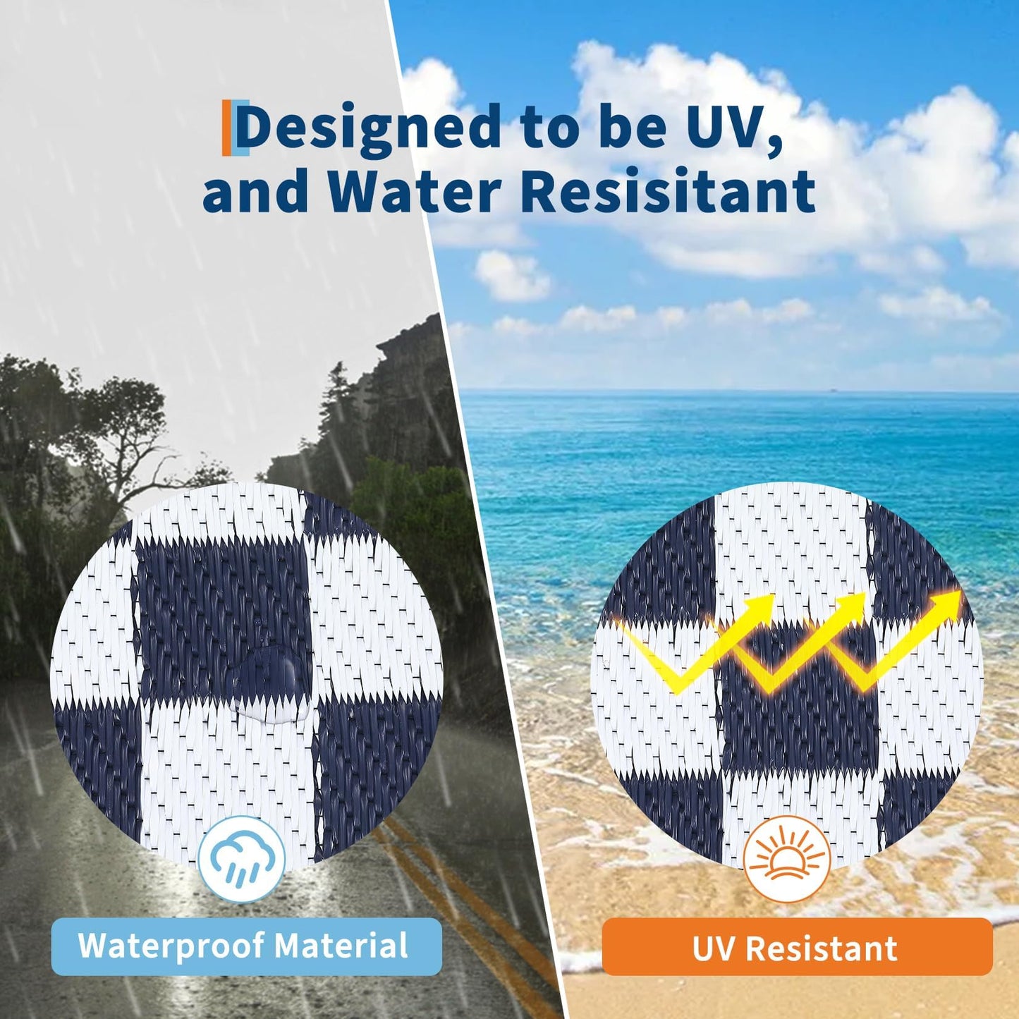 LUXLOOM 9x18 Outdoor Rug Waterproof Large Camping Rugs Reversible Plastic Straw RV Mat, Foldable Fade-Proof & Hose-cleanable Outdoor Carpet with Stakes & Carry Bag for Patio Deck Beach Blue White