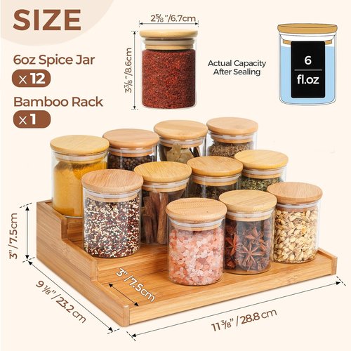 ComSaf Bamboo Spice Rack - 3-Tier Organizer with 12 Glass Jars & Labels for Kitchen Pantry