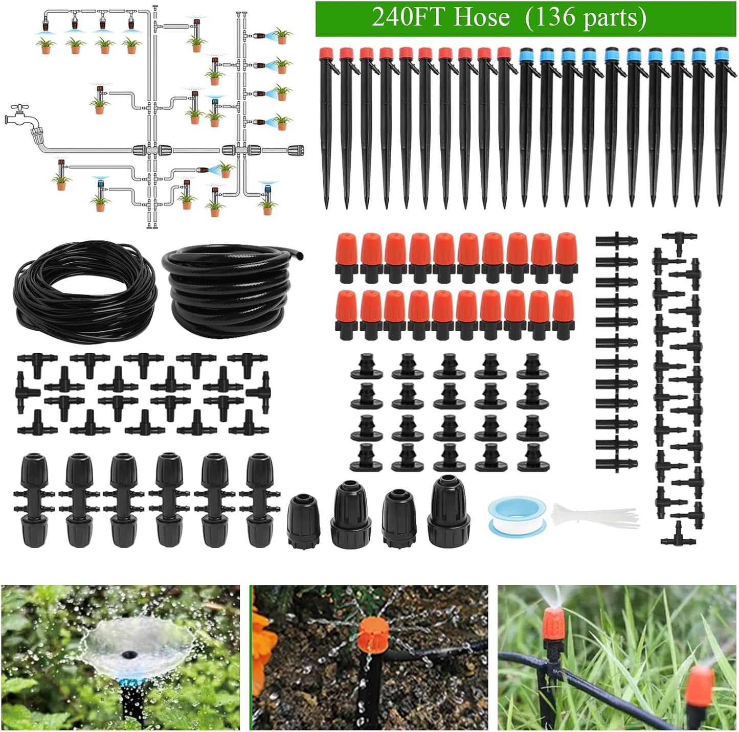 Maotong 240FT Drip Irrigation System Kit - Automatic Garden Watering for Greenhouse & Lawn | 1/2" Hose & 1/4" Tubing