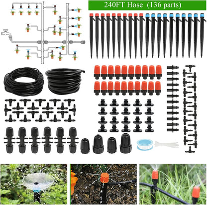 Maotong 240FT Drip Irrigation System Kit - Automatic Garden Watering for Greenhouse & Lawn | 1/2" Hose & 1/4" Tubing