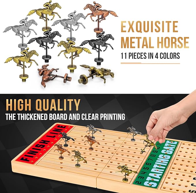 Large 21 Inches Horse Race Board Game Horse Racing Games with Cards and Dice &amp 11 Luxury Metal Horses Thickened Wood Chessboard Classic Wooden Table Top Board Games for Adults and Family