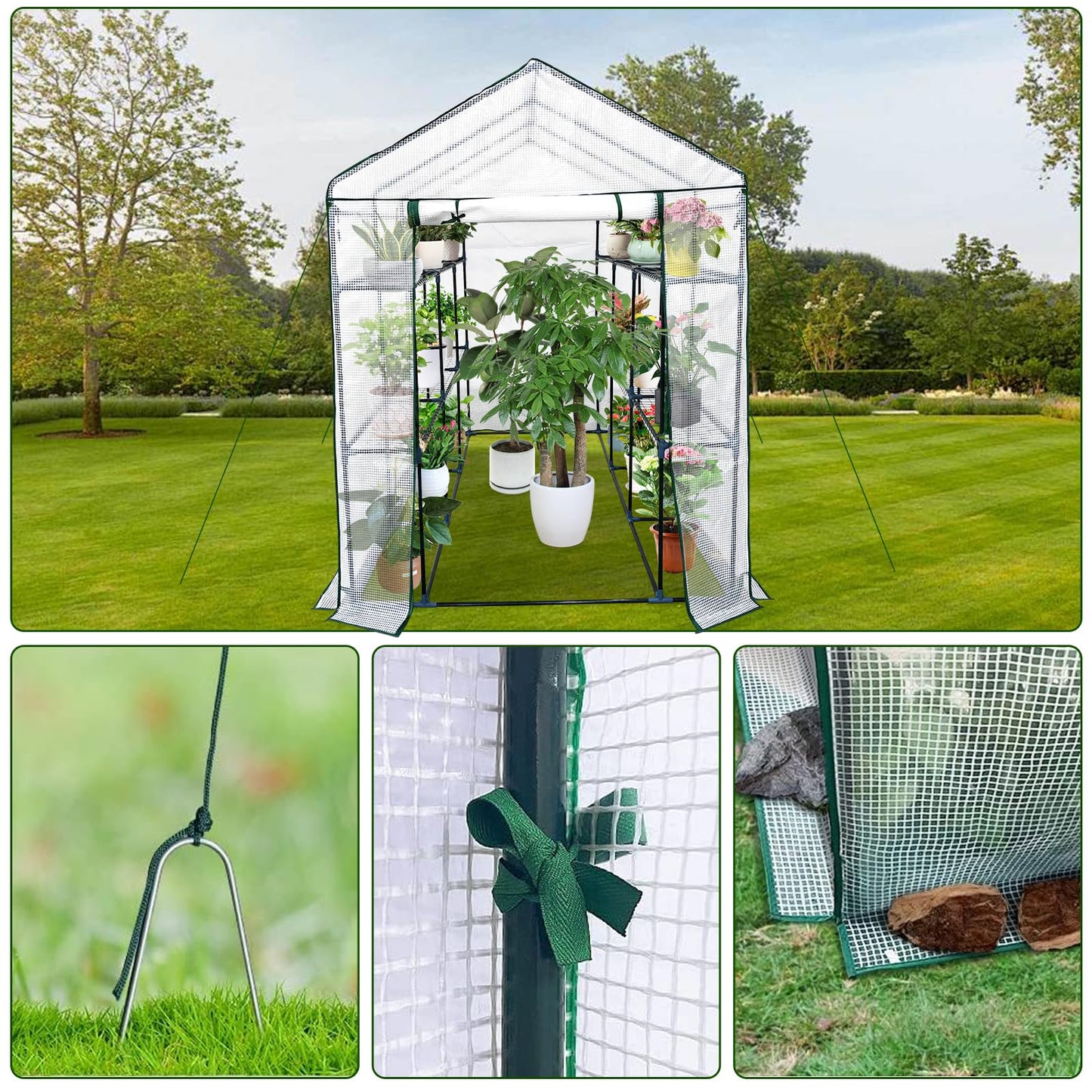 Walk in Greenhouse for Outdoors - All Season Plant House with 6 Shelves, Mesh Windows, Waterproof Cover, Roll-Up Zippered Door, 3 Tier Garden Hot House for Seedling Flowers Growing for Patio, Backyard