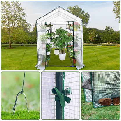 Walk in Greenhouse for Outdoors - All Season Plant House with 6 Shelves, Mesh Windows, Waterproof Cover, Roll-Up Zippered Door, 3 Tier Garden Hot House for Seedling Flowers Growing for Patio, Backyard