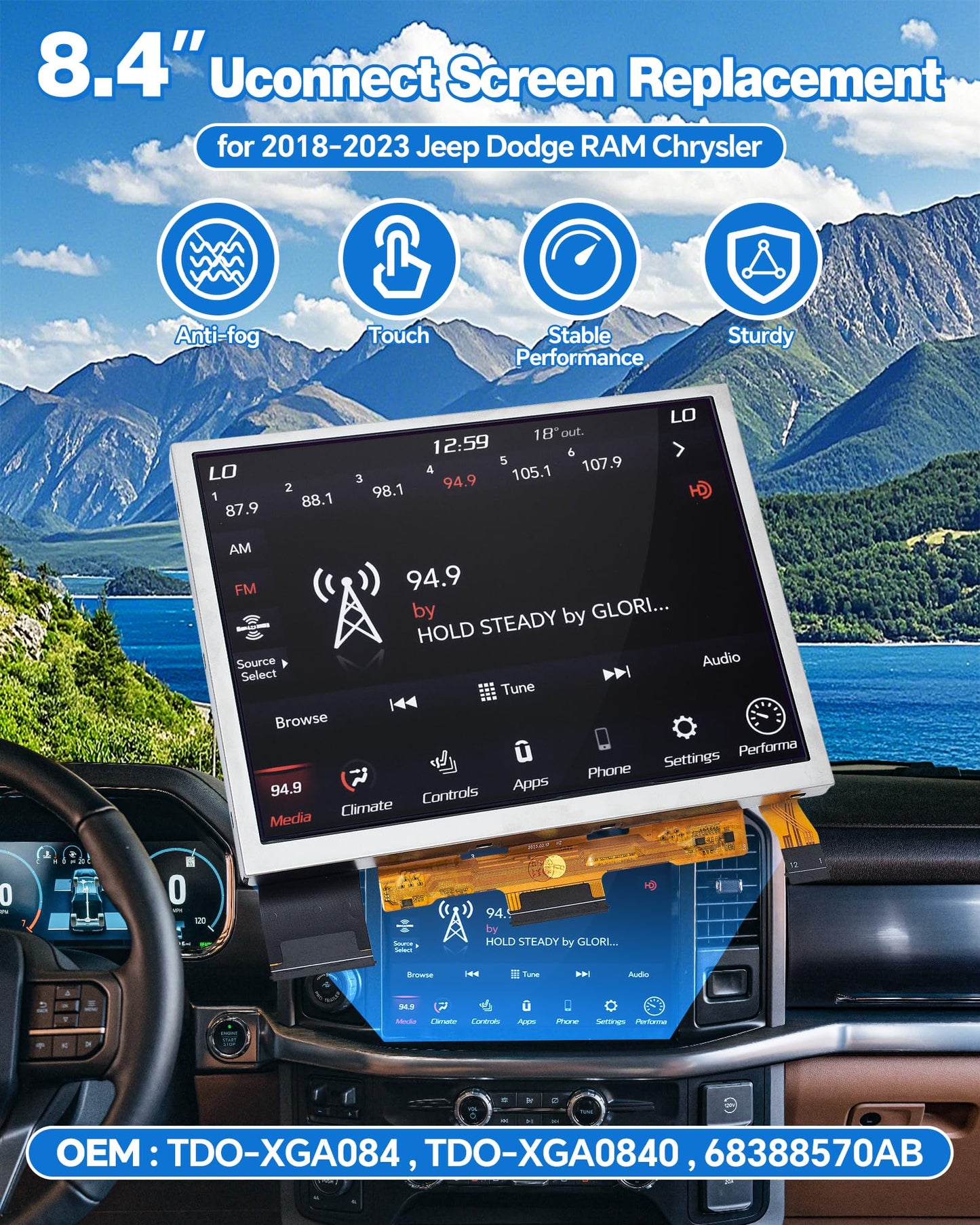 TDO-XGA084 8.4" Uconnect Screen Replacement, Uconnect 4C UAQ LCD Monitor Touch-Screen for 2018-2023 Jeep Dodge RAM Chrysler, 68388570AB