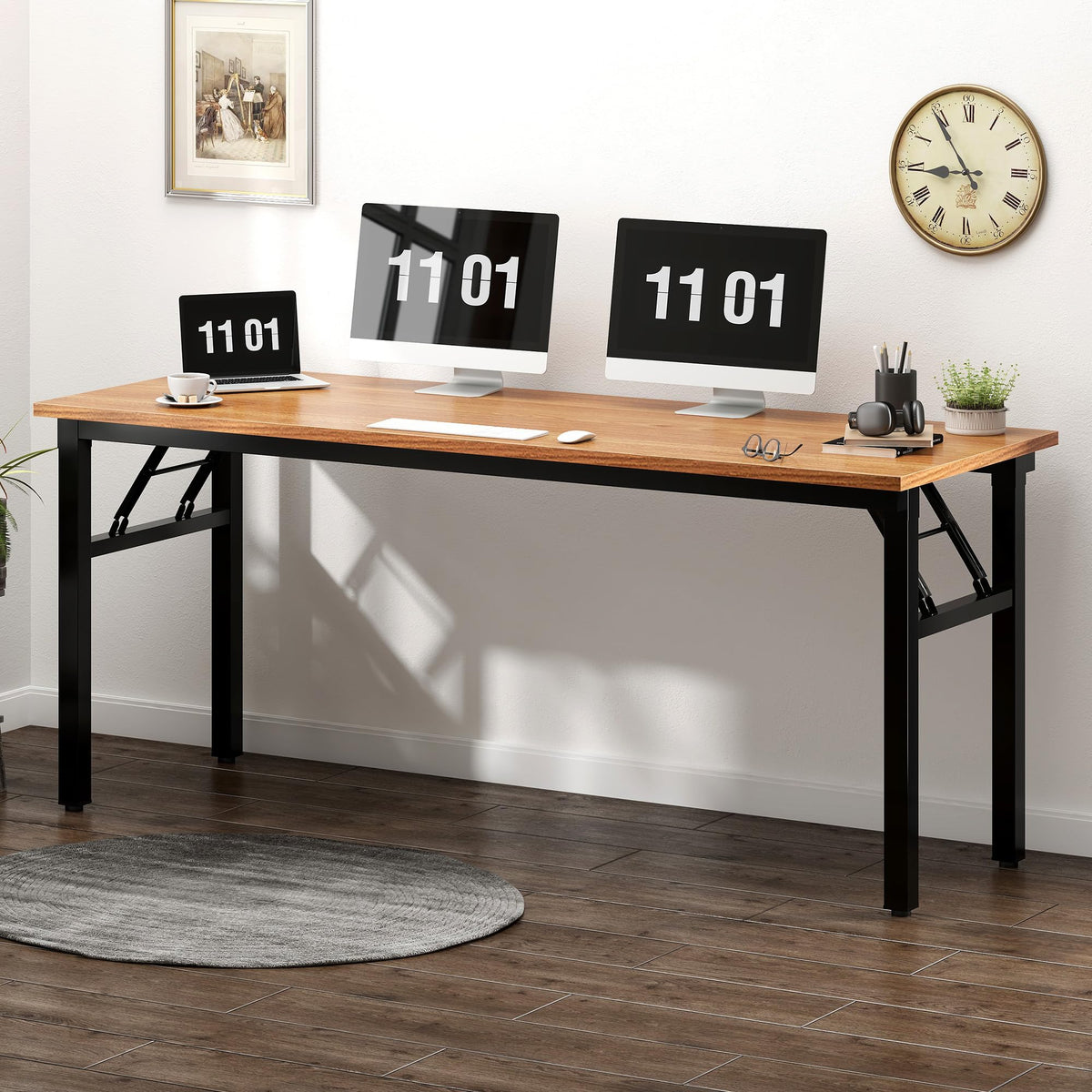 Need Folding Computer Desk, Large 60 inches Folding Table for Home Office, No Install Needed Foldable Writing Table Long Desk, Space-Saving, Teak and Black