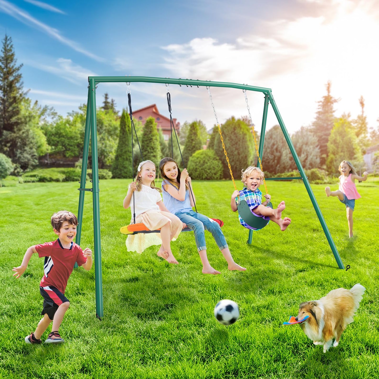 Trekassy 440lbs Capacity Swing Sets for Backyard - 2 Seat Outdoor Playset with Saucer & Belt Swing, Heavy-Duty A-Frame Metal Stand for Kids Family Fun (Patented)