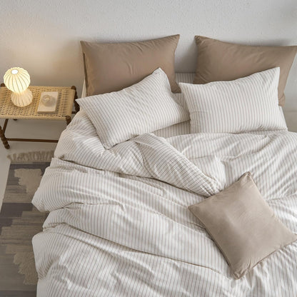 MooMee Striped Duvet Cover Set - 100% Washed Cotton, Soft & Breathable | Queen Size (White & Grey Stripes)